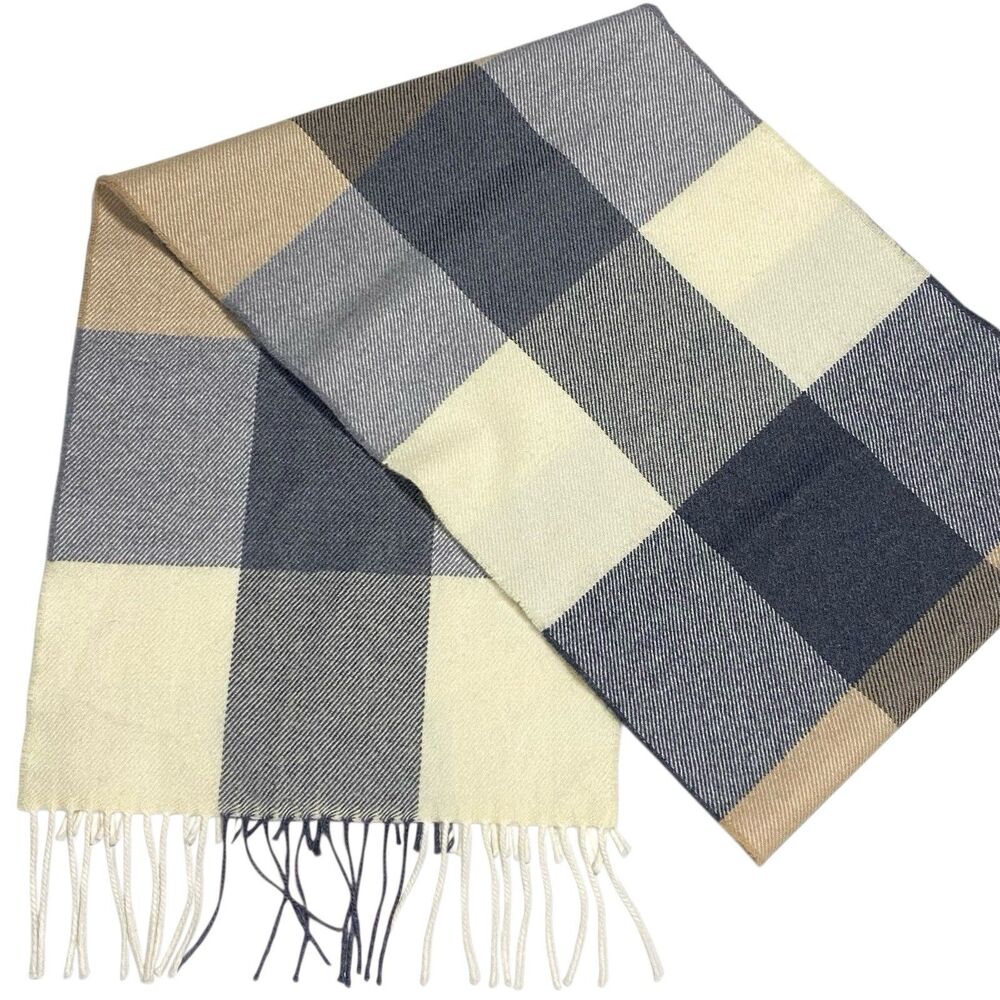 NWT John Hanly 100% Merino Wool Scarf GRAY Cream Camel PLAID 71x12 NEW